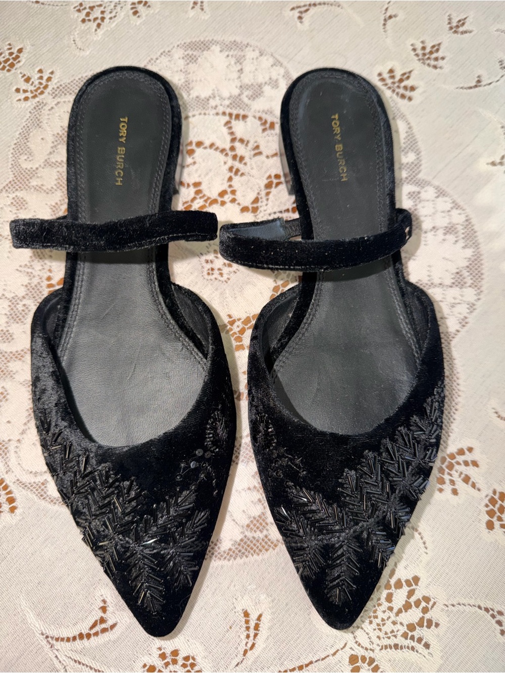 Tory Burch Black Velvet Pointed Mary Slingback Mules, Size 10.5